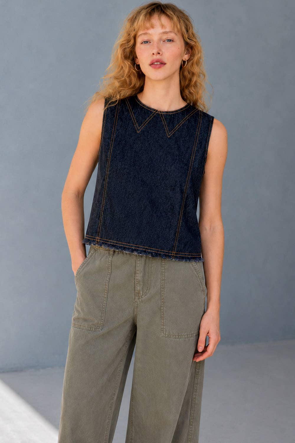 Contrast Stitch Button-Back Denim Tank Top