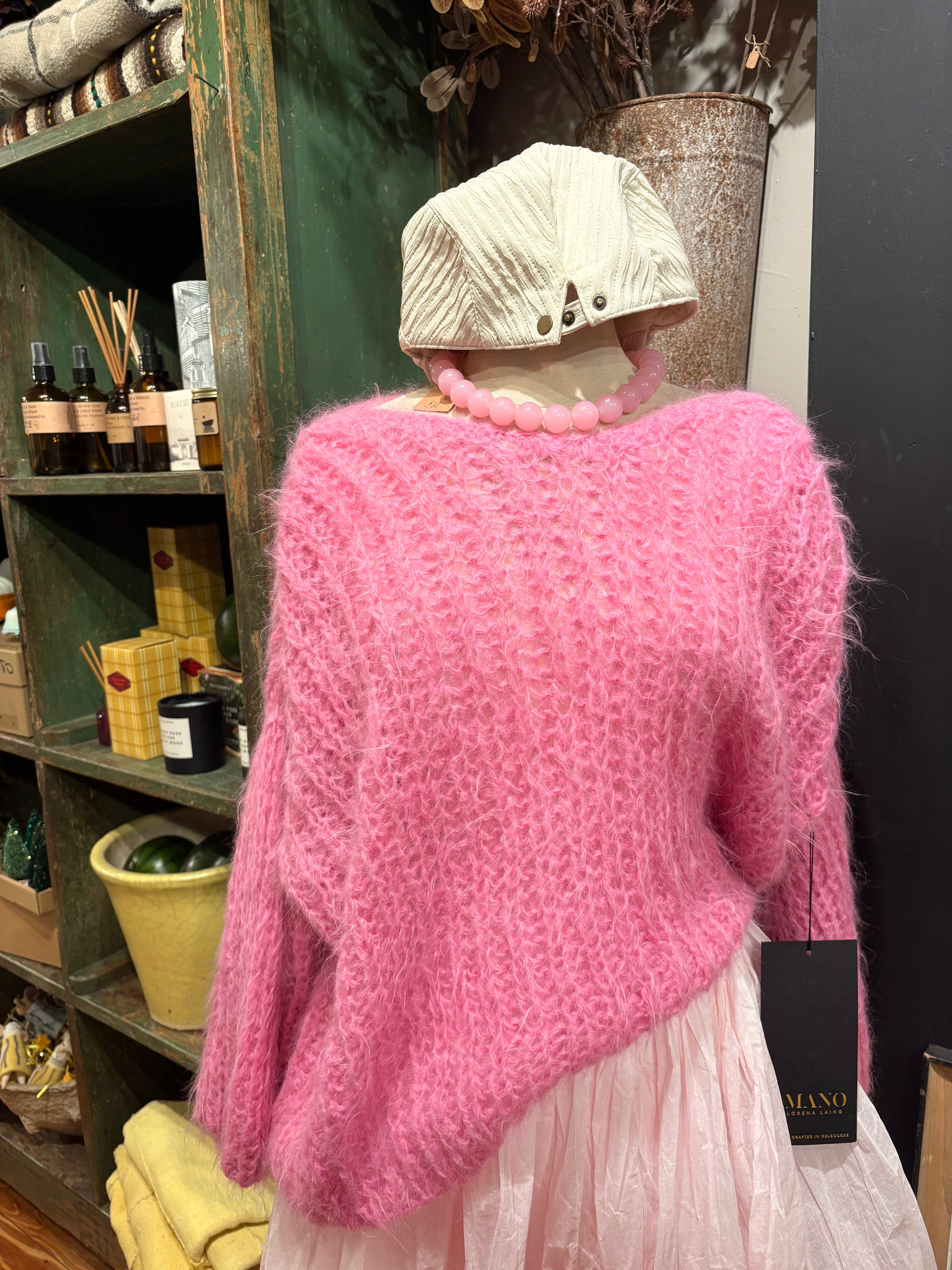 Hand Knit V Neck Sweater - Candy Pink
