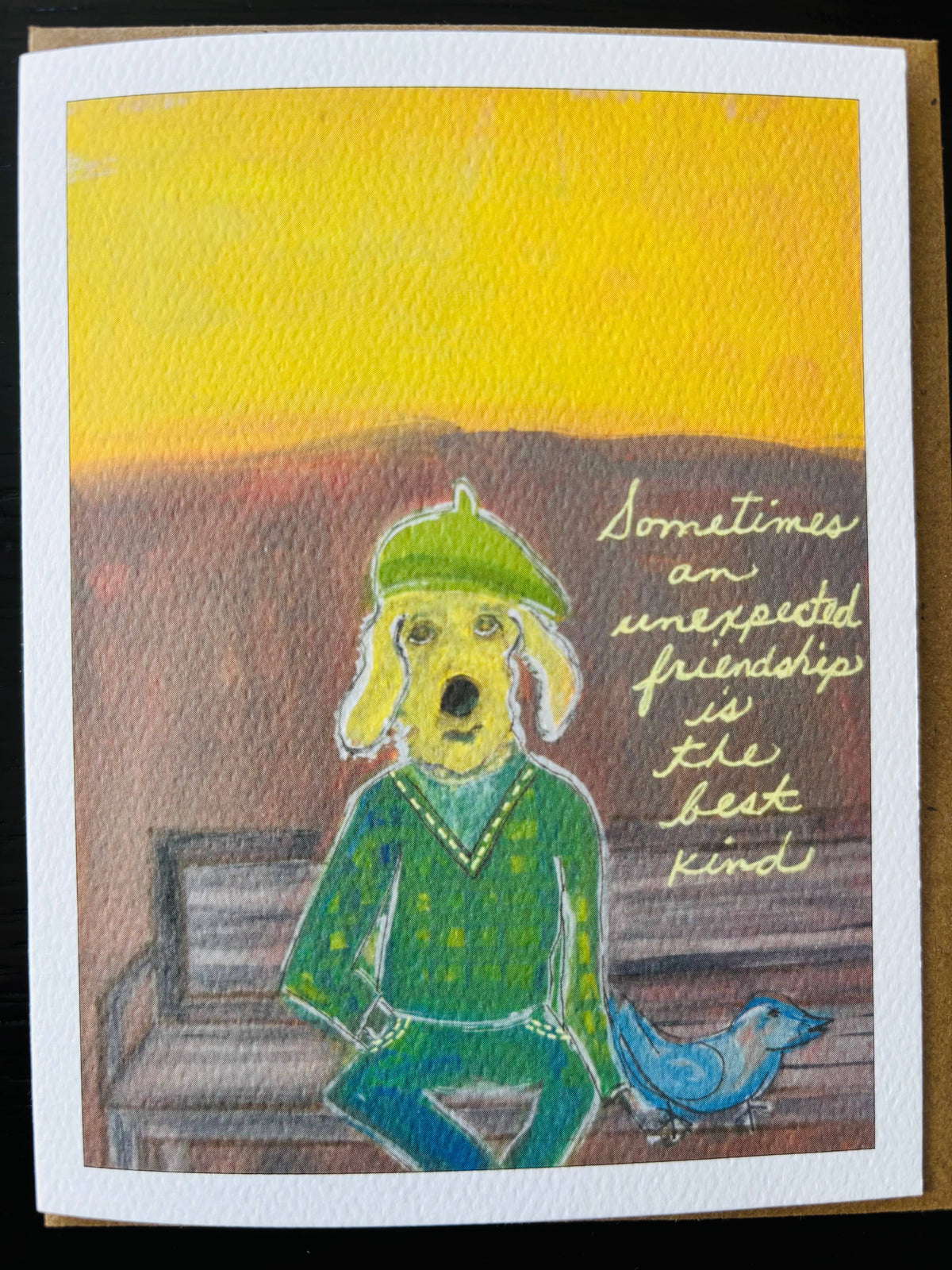 Sometimes Unexpected Friendship dog with bluebird dog card