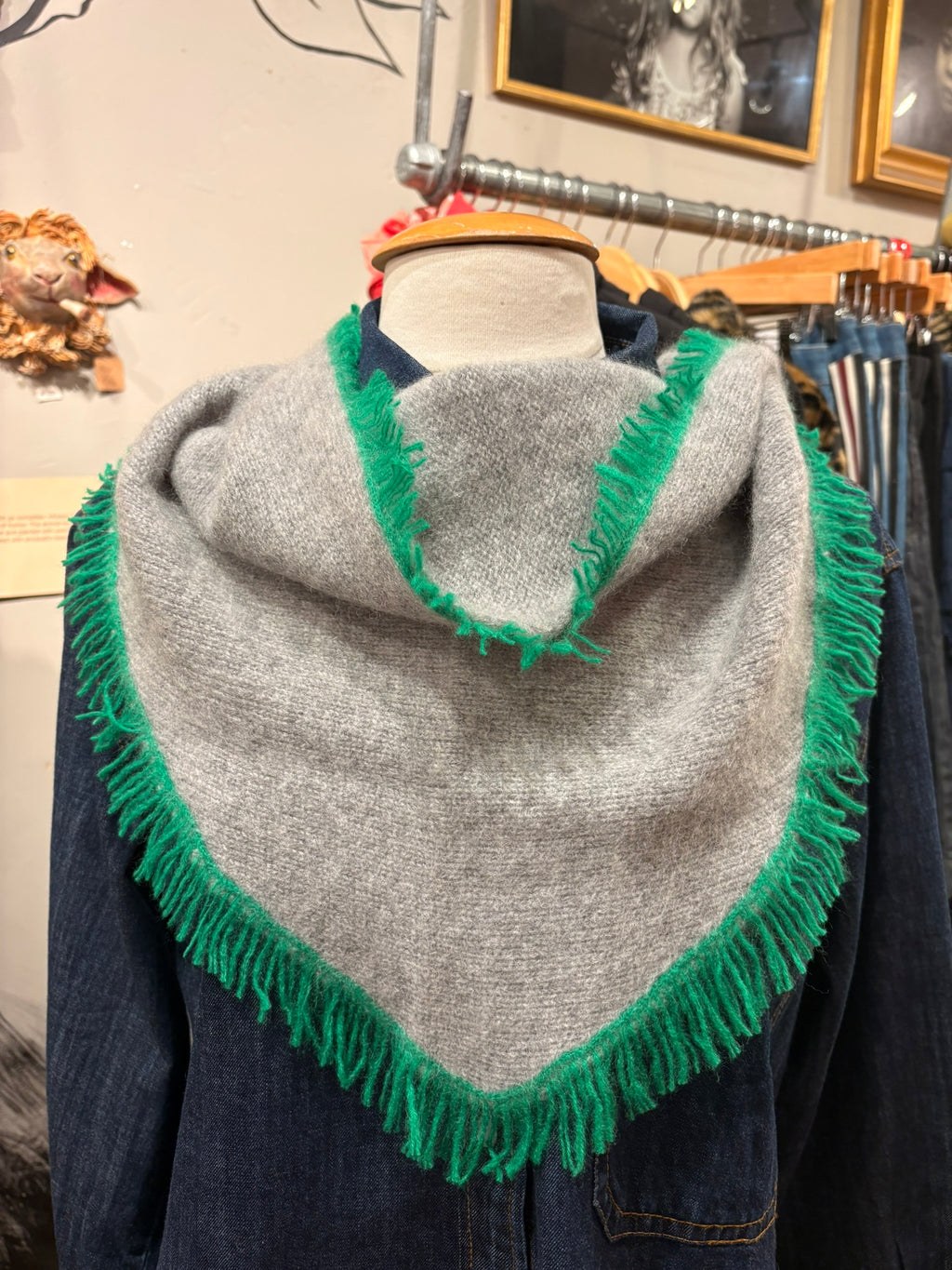 Grey Fringe Edge Triangle Scarf
