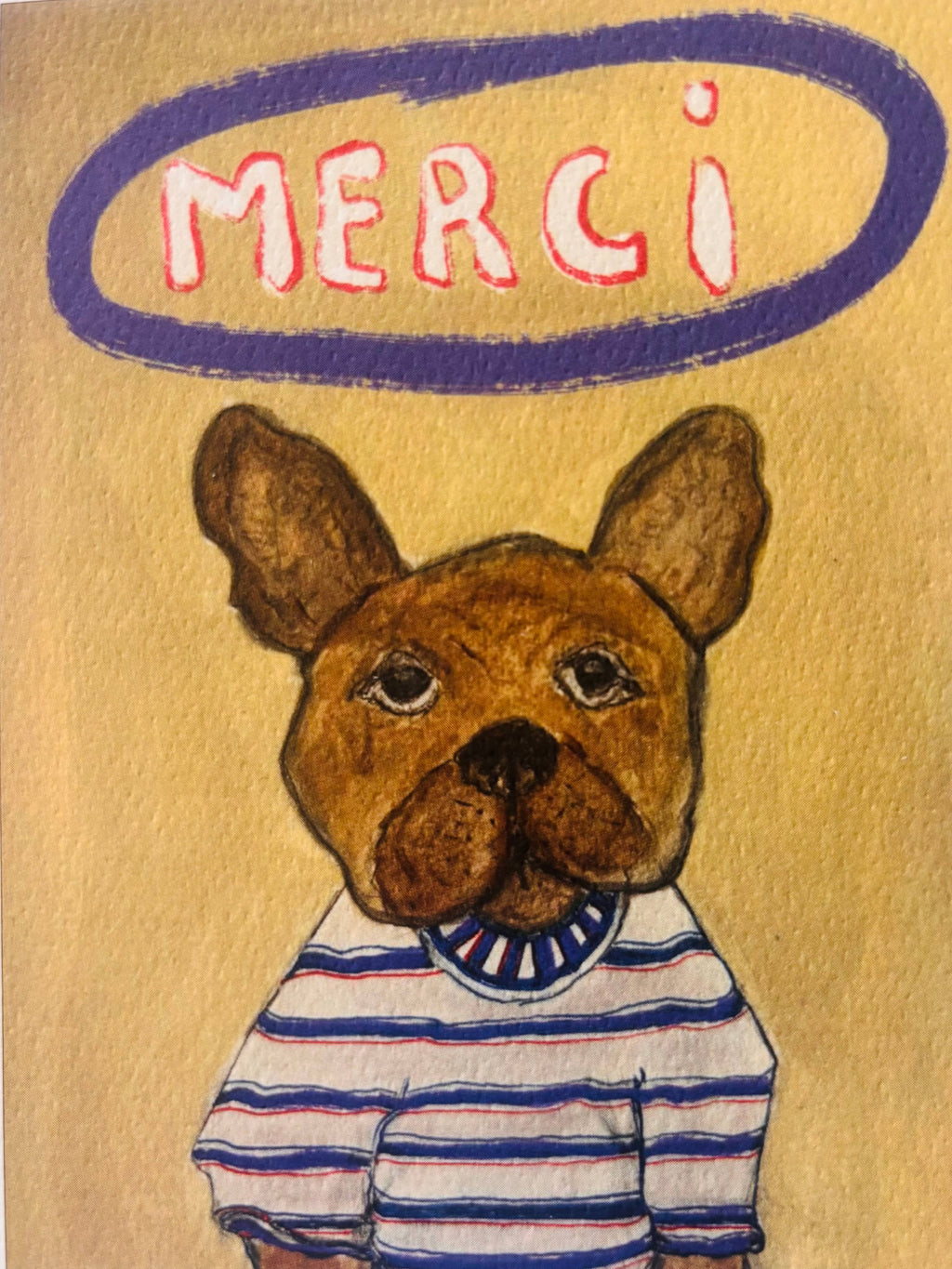 Merci French Bulldog pet dog card in adorable striped shirt