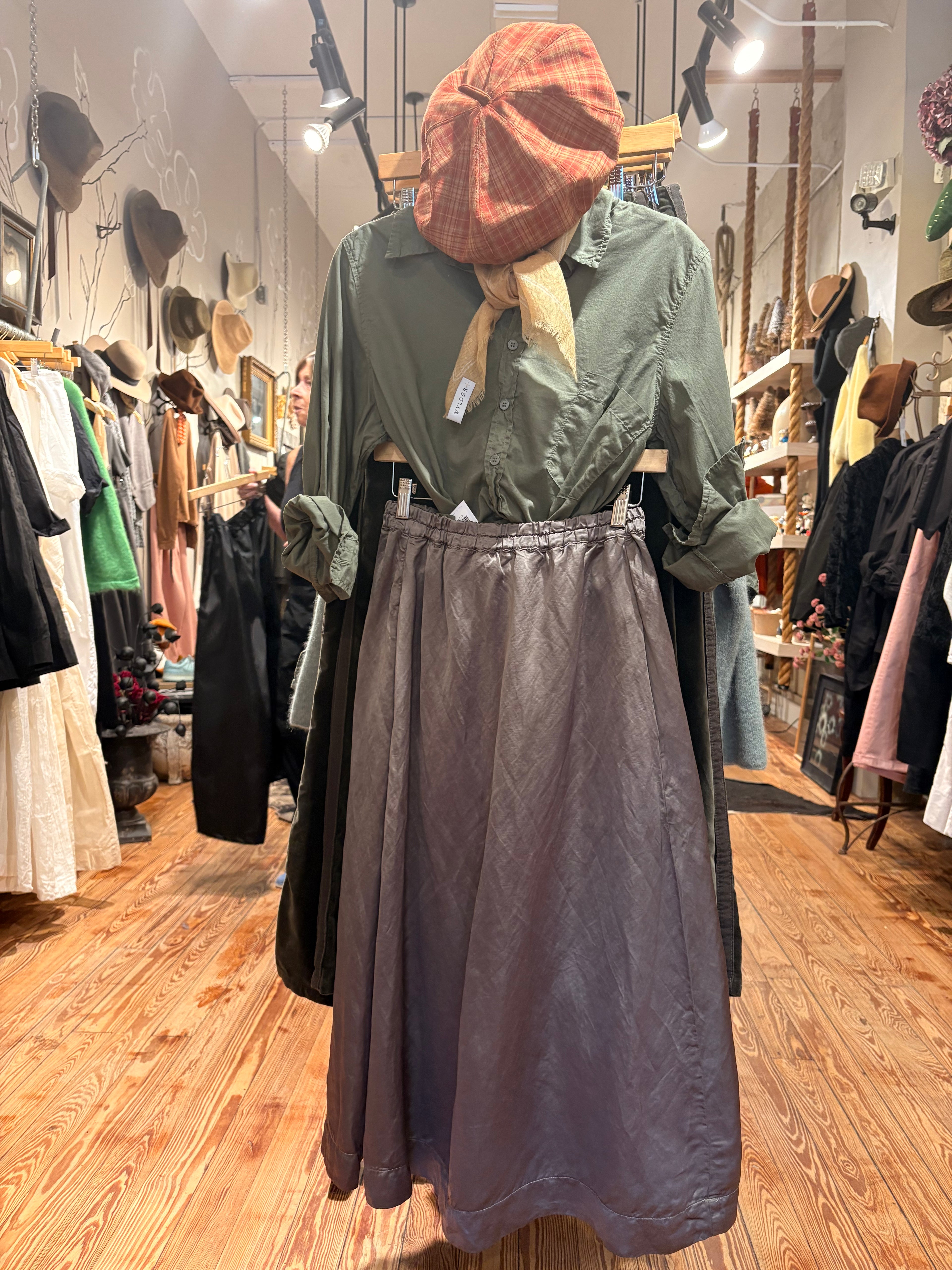Washed Satin Skirt in Stone Grey