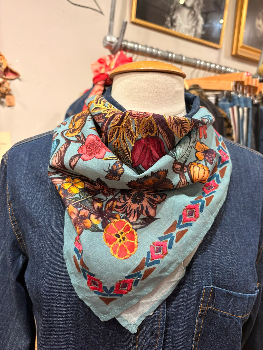 Aqua Mist Floral Print Cotton Scarf
