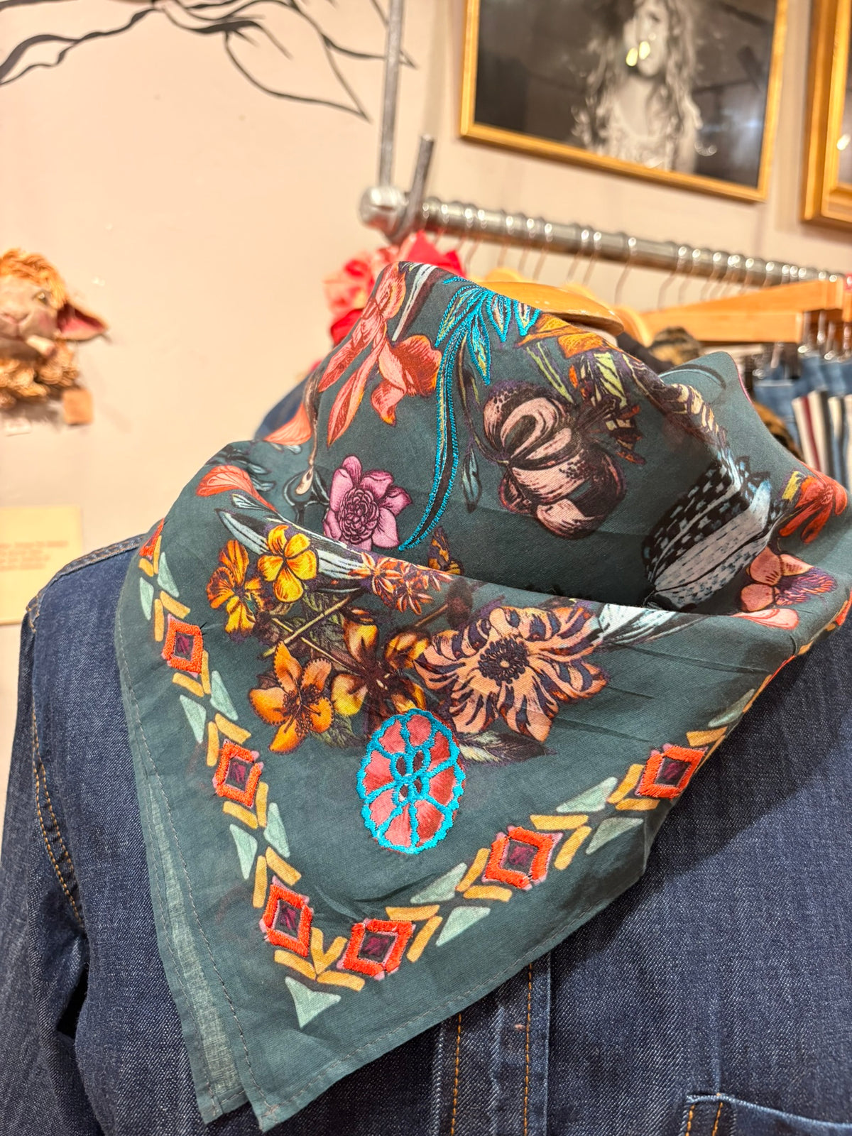 Charcoal Floral Print Cotton Scarf
