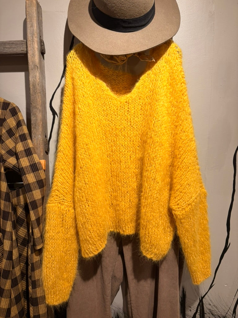 Hand Knit V Neck Batwing Sweater - Gold