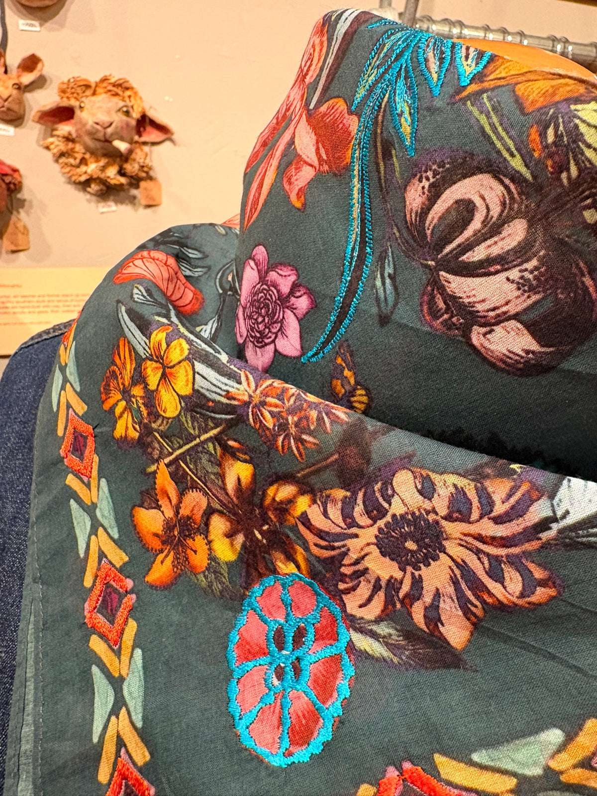 Charcoal Floral Print Cotton Scarf