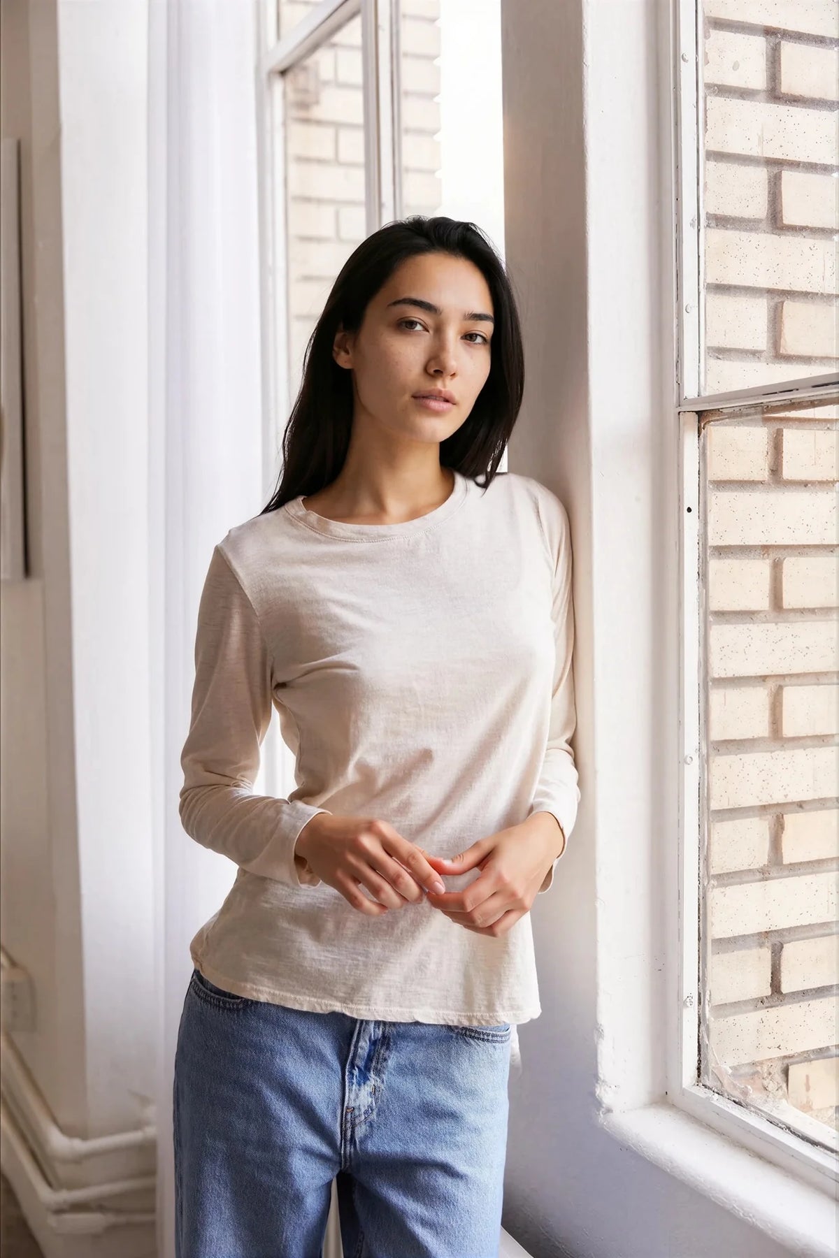 Everyday Long Sleeve Crewneck Tee in Natural