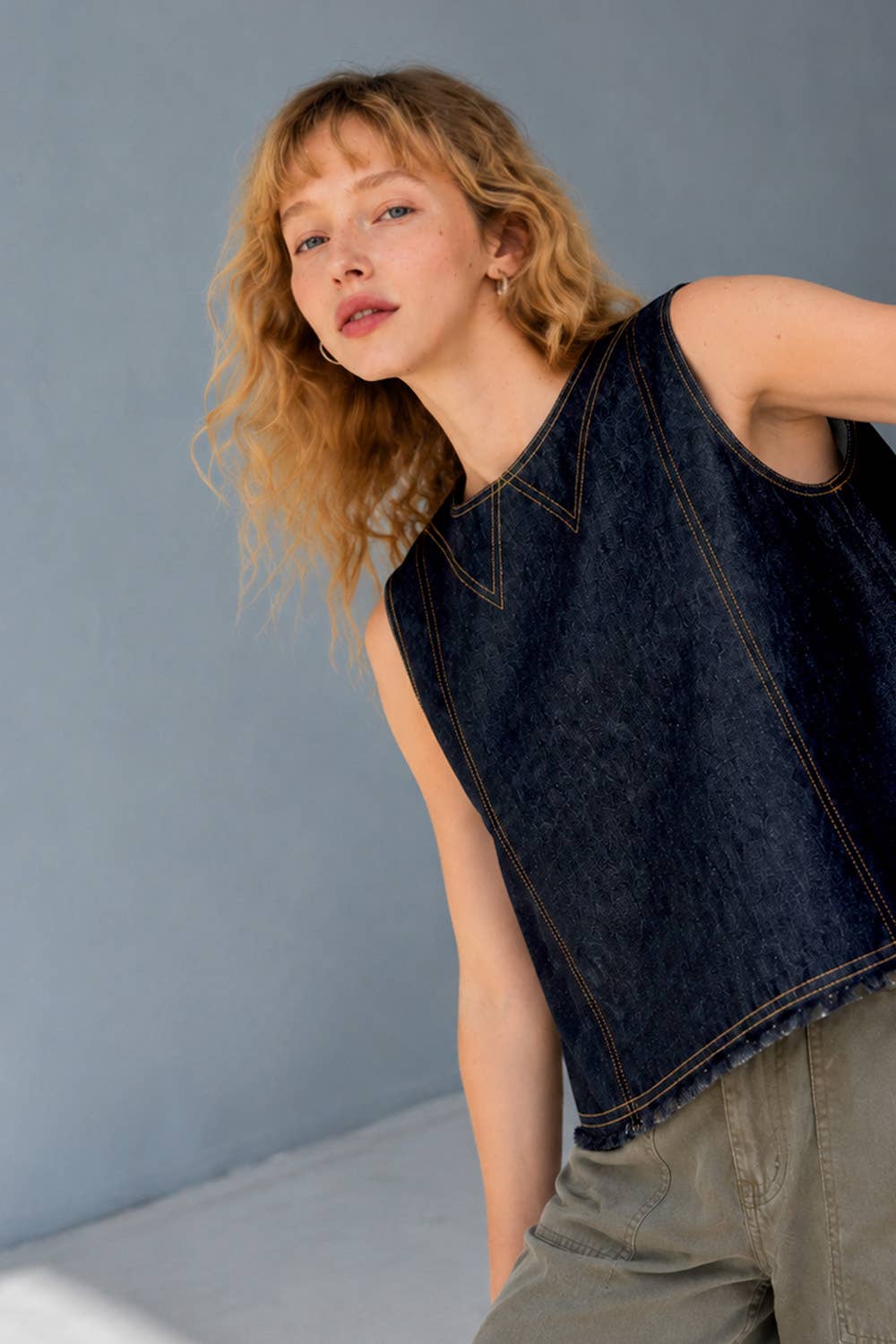 Contrast Stitch Button-Back Denim Tank Top