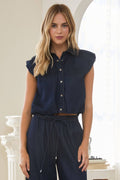Structured Shoulder Cropped Denim Blouse