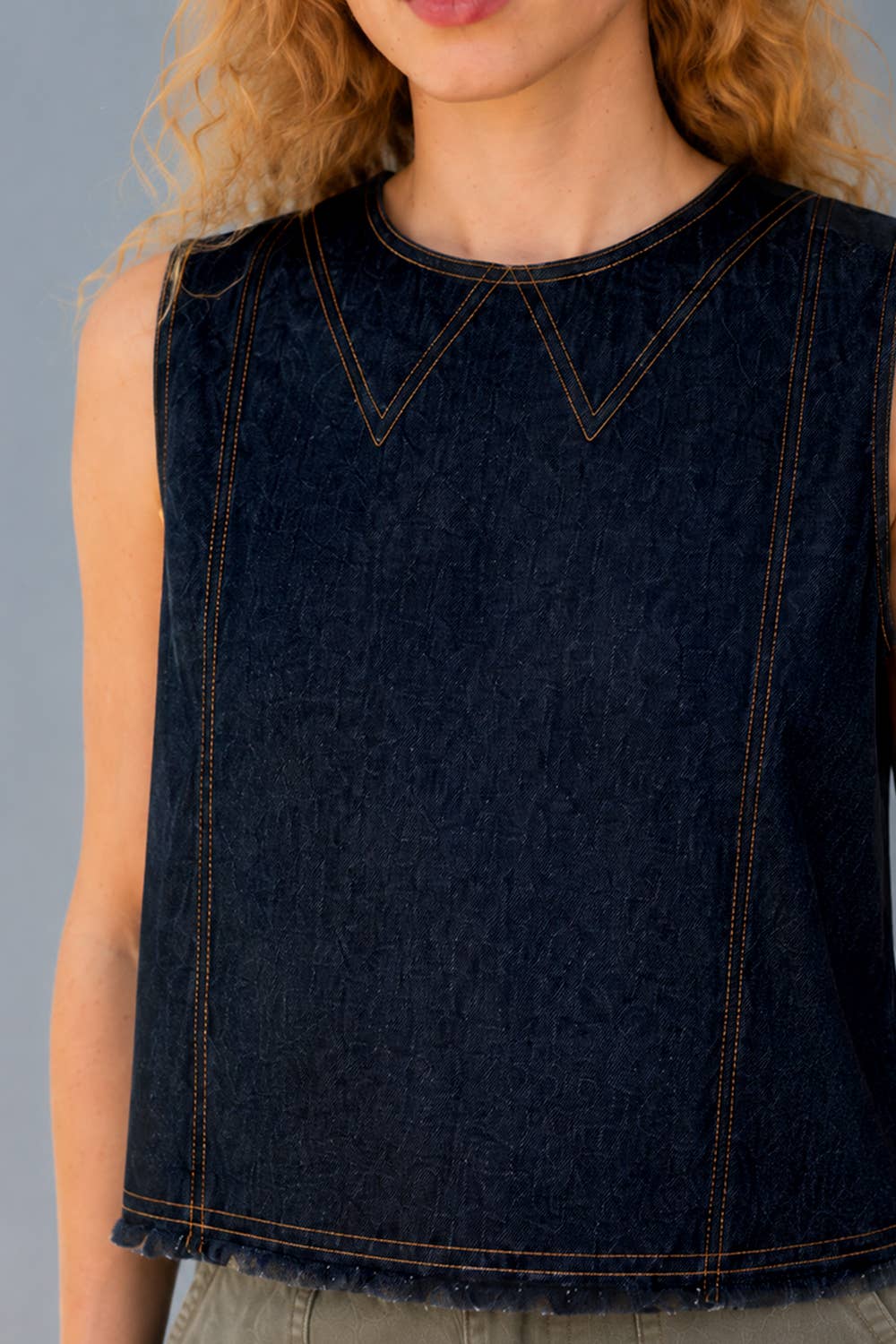 Contrast Stitch Button-Back Denim Tank Top
