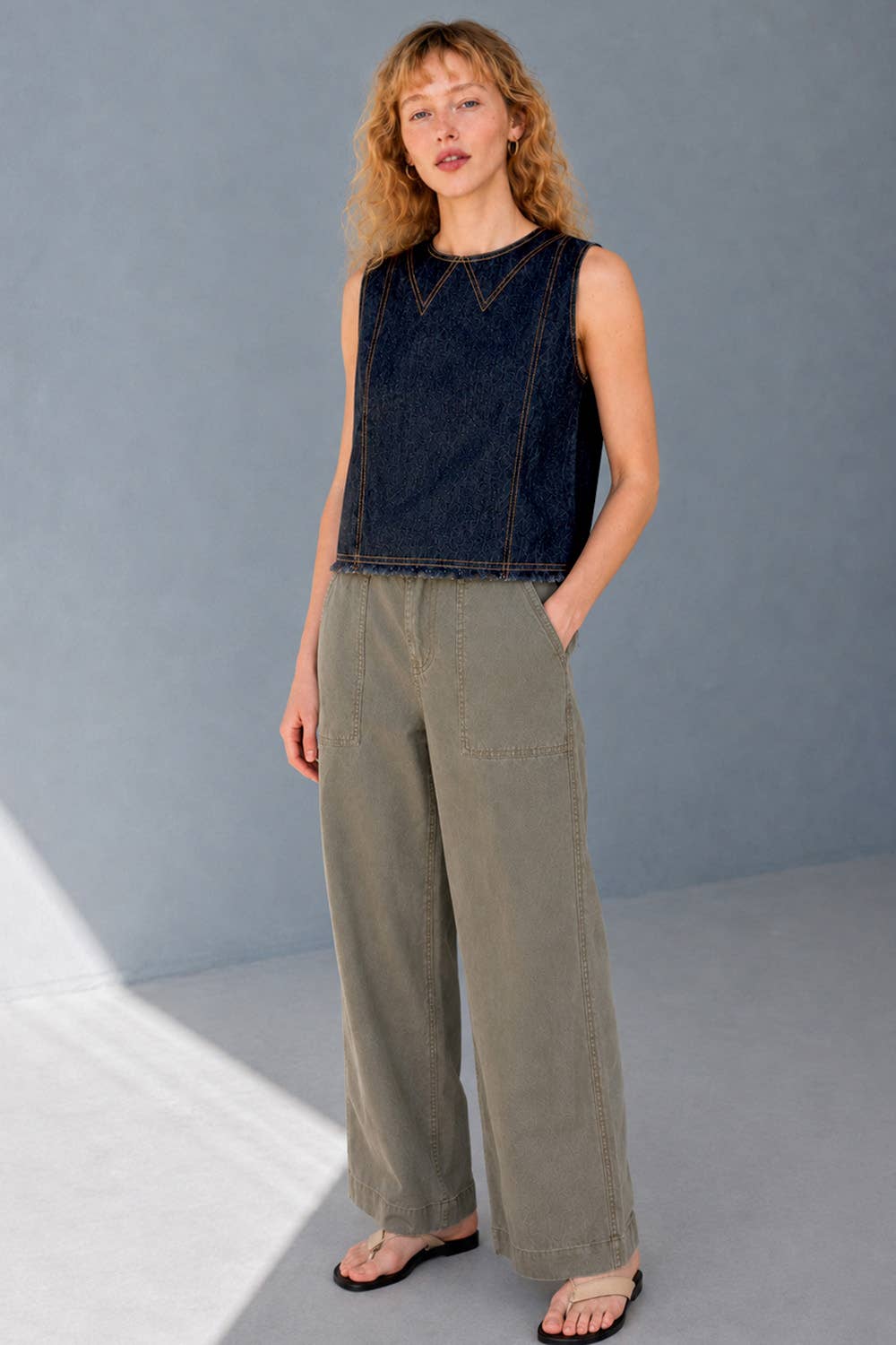 Contrast Stitch Button-Back Denim Tank Top